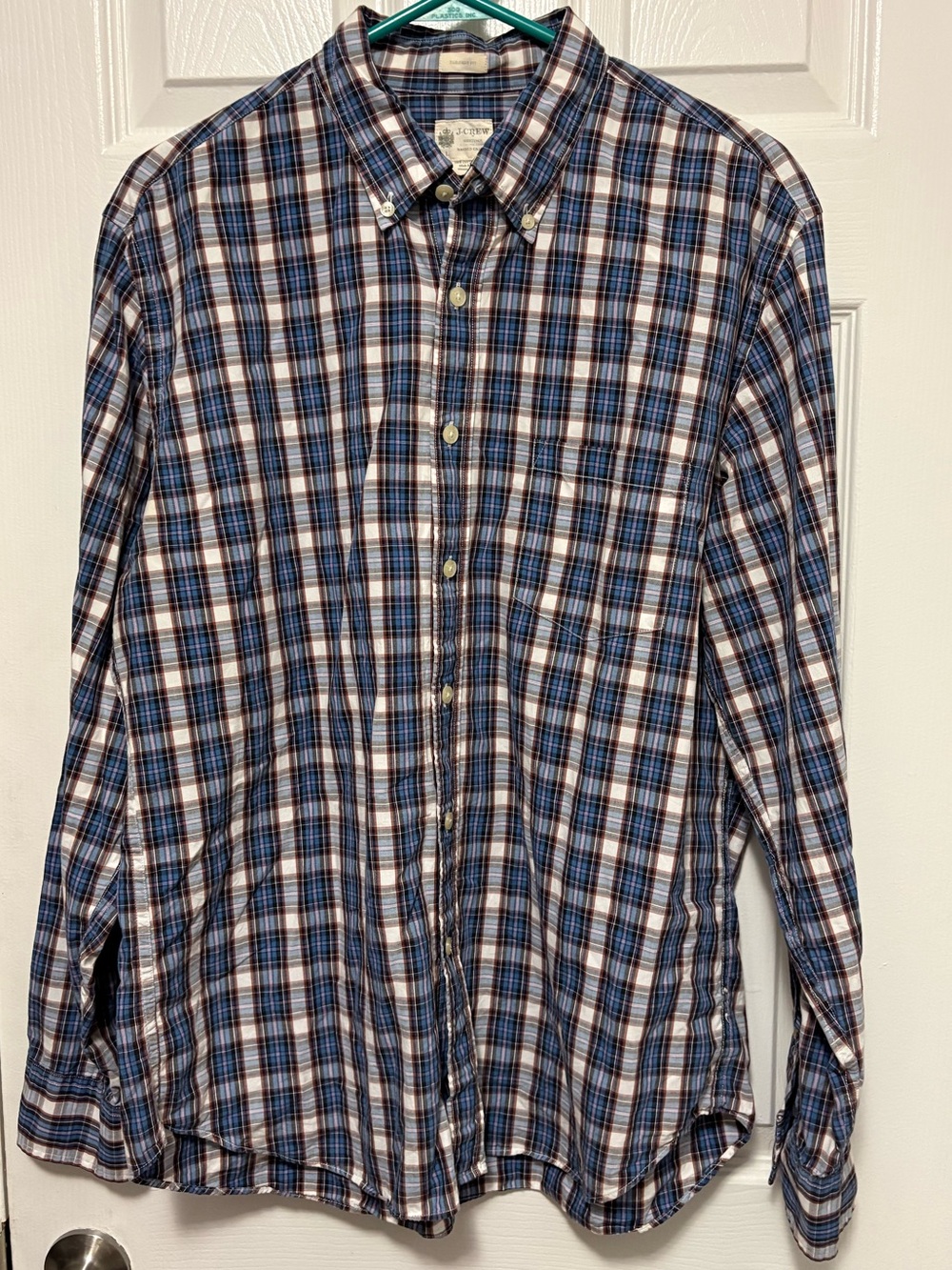 *J. Crew Tailored Washed Shirting Blue Brown Plaid Large Button Down Shirt #IR